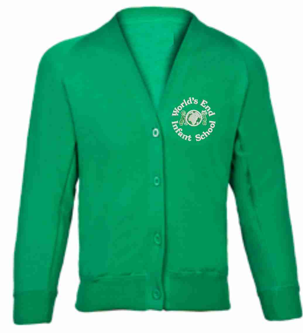 Green Cardigan with School logo to left breast
