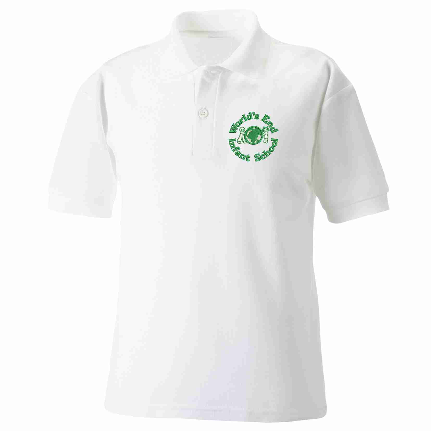 White polycotton poloshirt with School logo to left breast